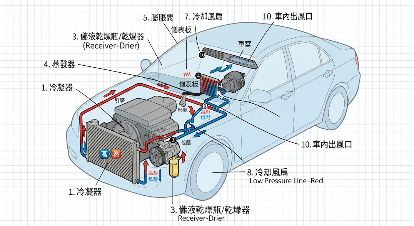 汽車冷氣系統主要零件與冷媒循環示意圖